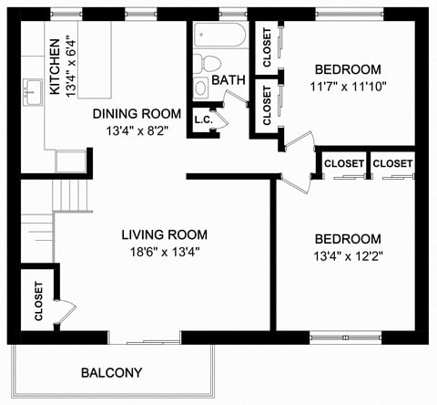 Floor plan for 2 beds, 1 bath, 998 sqft